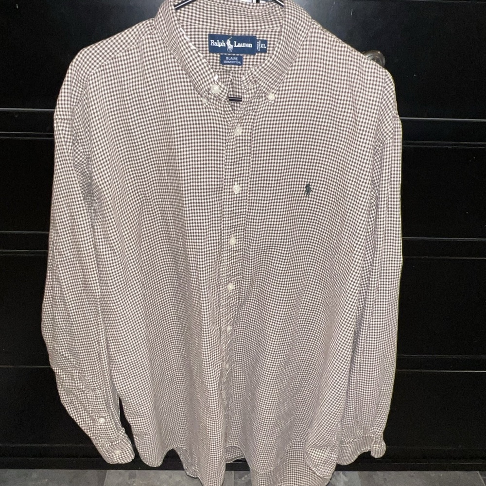 Ralph Lauren XL Polo Shirt L/S Blaine Cotton Brown White Check Green Pony